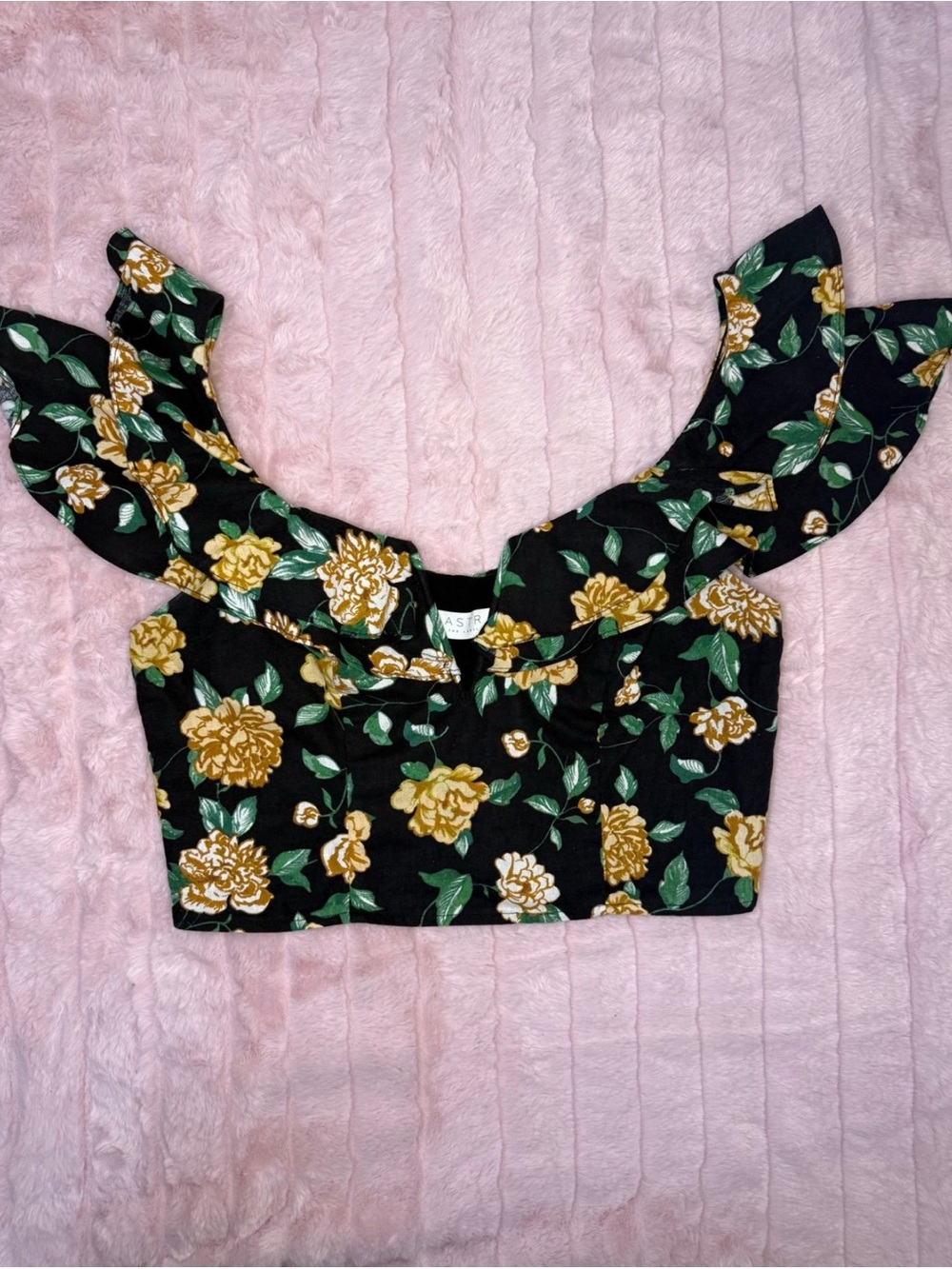 ASTR - Black & Yellow Floral Off-Shoulder Crop Top with Side-Zip - Size M